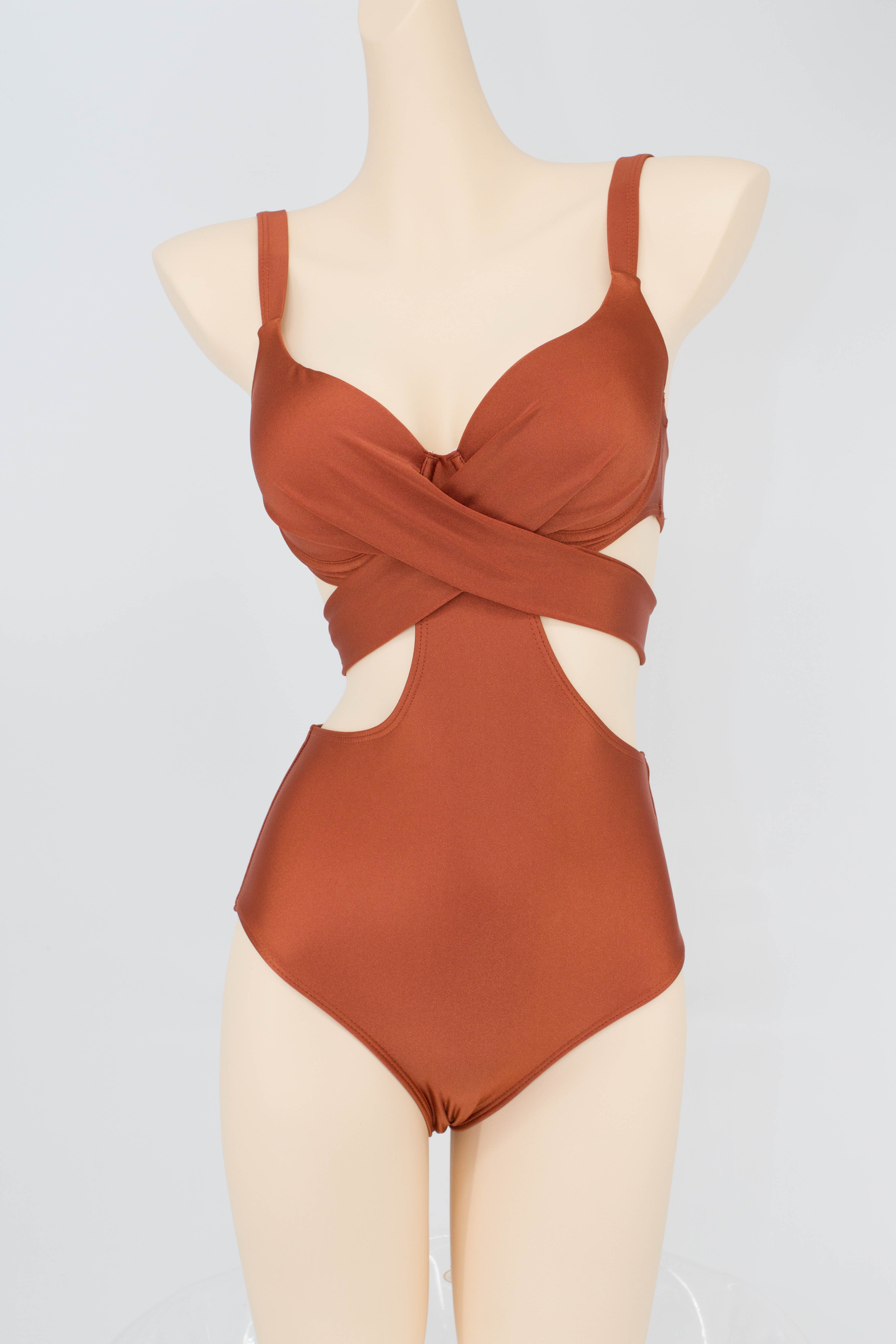 Self-Tie Solid Tone Bikini Set - Free Size - Free, Red Brown